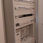 Professionell installierter Schaltschrank mit Loxone Komponenten, Sicherungsautomaten und sauberer Verkabelung für Gebäudeautomation