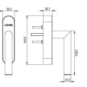 Technische Zeichnung des Loxone Fenstergriffs Air mit Maßangaben für die Montage in der Gebäudeautomation.