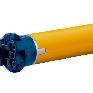 Gelber Somfy Rohrmotor mit blauem Kopfstück zur Automatisierung von Rollläden und Sonnenschutzsystemen.