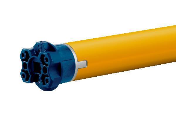 Elektrischer Rohrmotor in gelber Ausführung mit blauem Kopfstück