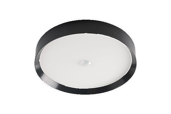 Loxone LED Deckenleuchte in Schwarz mit integriertem Präsenzmelder für intelligente Lichtsteuerung im Smart Home