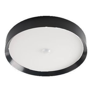 Runde Loxone LED?Deckenaufbauleuchte mit schwarzem Metallrahmen und weißem Diffusor