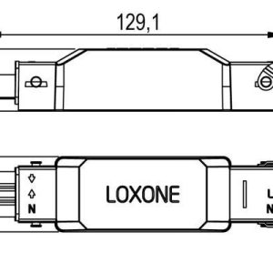 Technische Zeichnung des Loxone Netzteils mit Anschlussklemmen und Maßangaben.