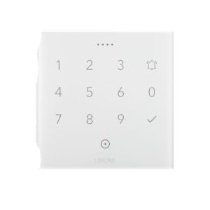 Loxone NFC Code Touch in weißer Ausführung mit Zahlentastatur für Zutrittskontrolle und Alarmsteuerung im Smart Home.