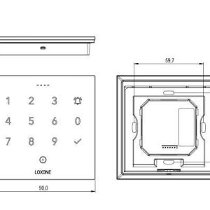 Technische Zeichnung des Loxone NFC Code Touch mit Abmessungen für die Installation im Smart Home System.