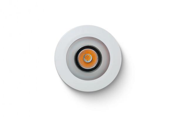 Topansicht eines weißen Loxone LED?Einbaudownlights mit zentralem LED?Modul