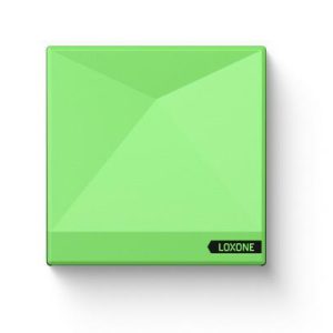 Frontansicht des Loxone Miniserver Go in grünem Gehäuse für Smart Home Steuerung