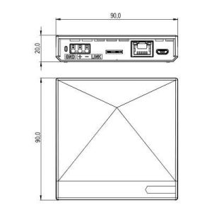 Technische Zeichnung des Loxone Miniserver Go mit Abmessungen 90x90x20 mm für den Einsatz im Smart Home