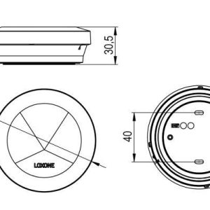 Technische Zeichnung des Loxone Rauchmelders Air mit Maßangaben für Durchmesser und Höhe zur Montageplanung.