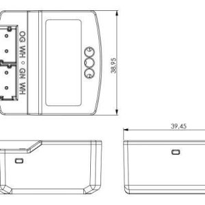 Bemaßte technische Zeichnung des Loxone Nano Dimmer Air mit Vorder- und Seitenansicht.