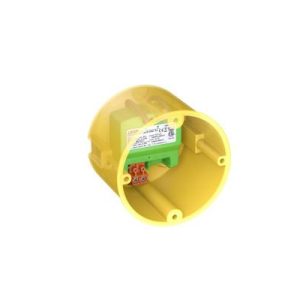 Gelbe Unterputzdose mit eingebautem Loxone Nano Dimmer Air zur smarten Lichtsteuerung.