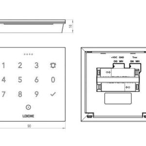 Technische Zeichnung des Loxone NFC Code Touch mit Abmessungen für die Installation im Smart Home System.
