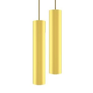 Zwei schlanke Zylinder?Pendelleuchten von Loxone in goldener Ausführung