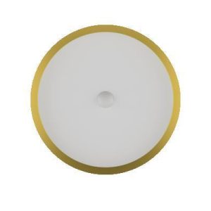 Topansicht der runden Loxone LED?Deckenaufbauleuchte mit goldenem Rand und weißem Diffusor