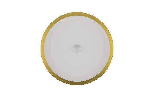 Topansicht der runden Loxone LED?Deckenaufbauleuchte mit goldenem Rand und weißem Diffusor