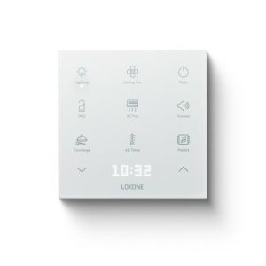 Loxone Touch Pure in Weiß mit LED-Display und Symboltasten zur Steuerung von Licht