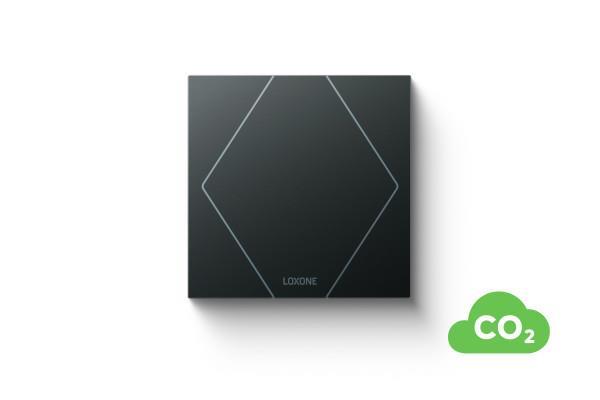 Loxone Touch Flex in Schwarz mit CO?-Erkennung zur flexiblen Steuerung und Luftqualitätsüberwachung im Smart Home