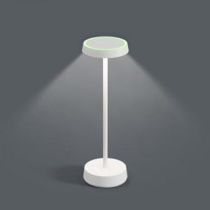 Moderne Loxone LED-Tischlampe in Weiß mit Touch-Steuerung und grünem LED-Ring für angenehme Smart Home Beleuchtung