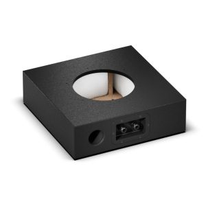 Schwarzes Subwoofer-Gehäuse mit rundem Lautsprecherausschnitt und integriertem Anschlussfeld